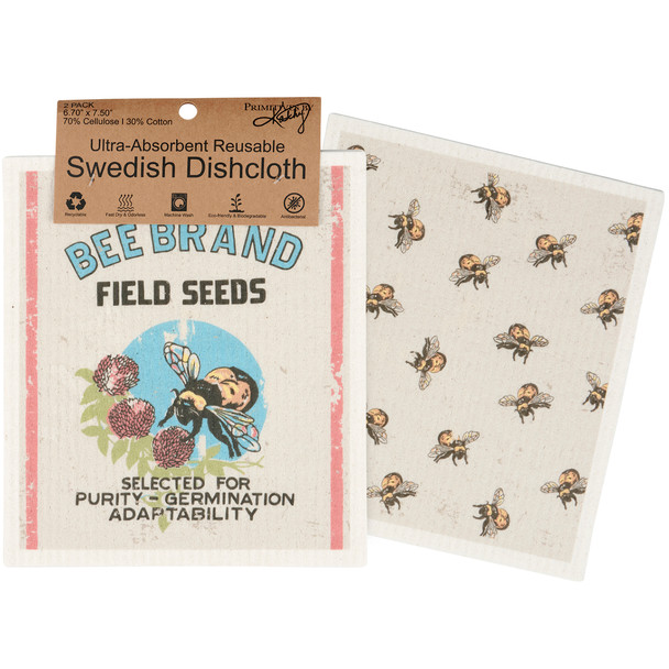 Set of 2 Swedish Dishcloths - Bee Brand Bumblebee Design 6.75 In x 7.5 In from Primitives by Kathy