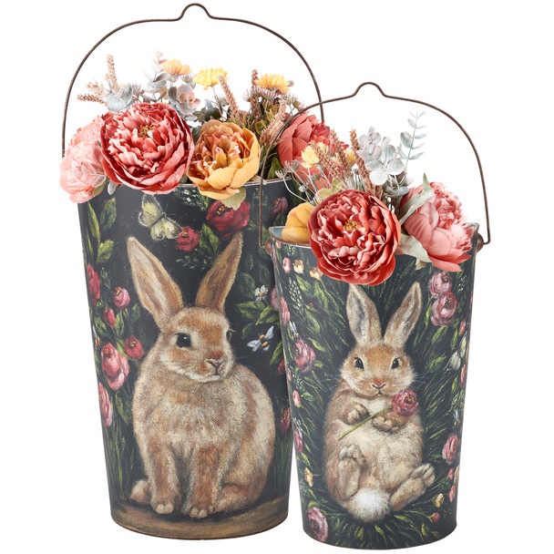 Set of 2 Decorative Metal Wall Buckets Decor - Bunny Rabbits & Spring Florals from Primitives by Kathy