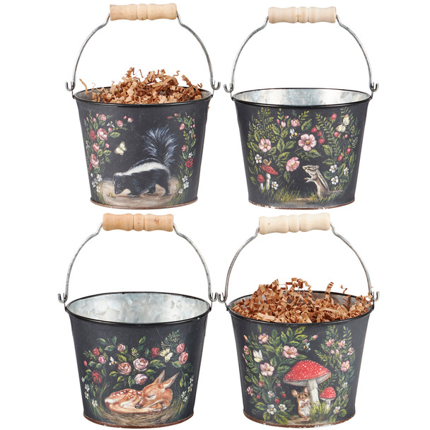 Set of 4 Decorative Metal Buckets With Handle - Woodlands Spring Themed from Primitives by Kathy