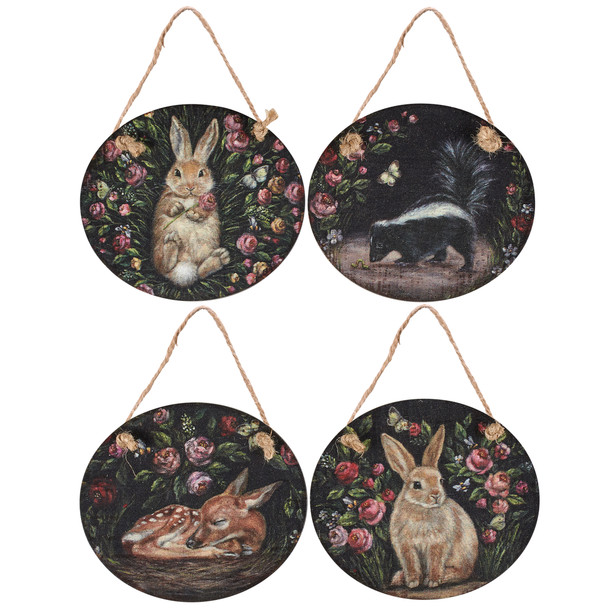 Set of 4 Hanging Round Wooden Ornaments - Woodland Animals & Floral - Rabbit Skunk & Deer from Primitives by Kathy