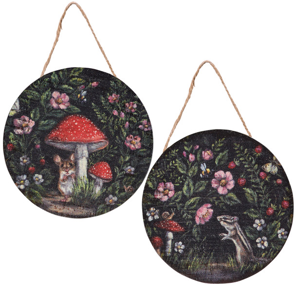 Set of 2 Round Wooden Hanging Ornamets - Woodland Critters 3 Inch from Primitives by Kathy