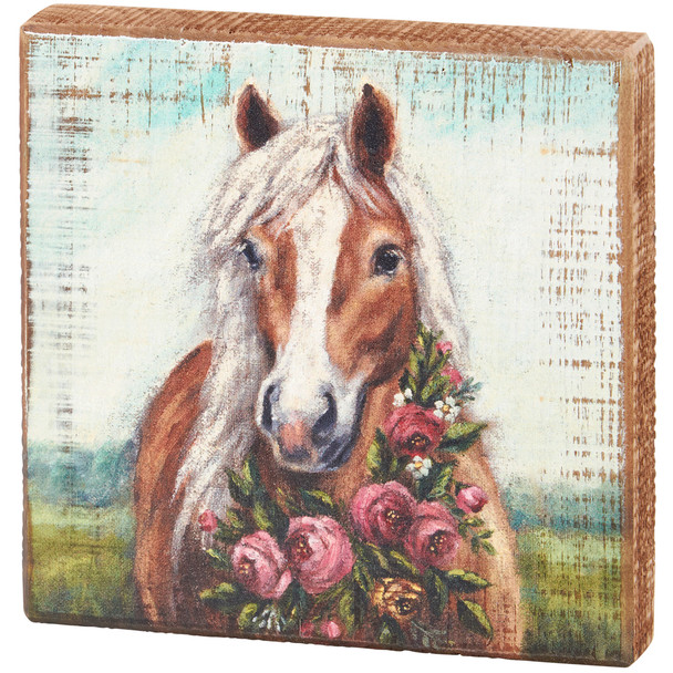 Decorative Wooden Block Sign Decor - Farmhouse Pony Horse Wearing Spring Floral Wreath 6x6 from Primitives by Kathy