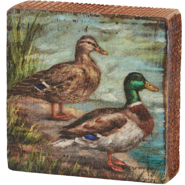 ?Decorative Wooden Block Sign Decor - Male & Female Mallard Ducks 3x3 - Lake Cabin Collection from Primitives by Kathy