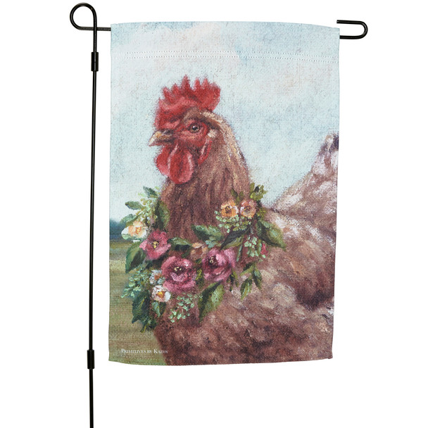 Decorative Double Sided Garden Flag - Farmhouse Chicken Wearing Spring Flower Wreath 12x18 from Primitives by Kathy