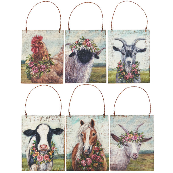 Set of 6 Hanging Wooden Ornaments - Farmhouse Animals & Spring Flower Wreath from Primitives by Kathy