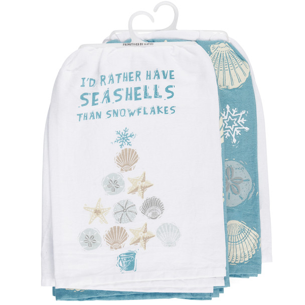 Set of 2 Cotton Kitchen Dish Towels - I'd Rather Have Seashells Than Snowflakes 28x28 - Beach Collection from Primitives by Kathy