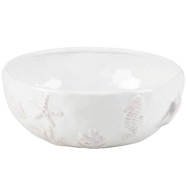 Lightweight White Glaze Ceramic Serving Bowl - Embossed Sea Life Design - 7.25 In - Beach Collection from Primitives by Kathy