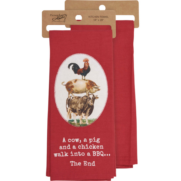 Red Cotton Kitchen Dish Towel - A Cow Pig Chicken Walk Into A BBQ 18x28 from Primitives by Kathy