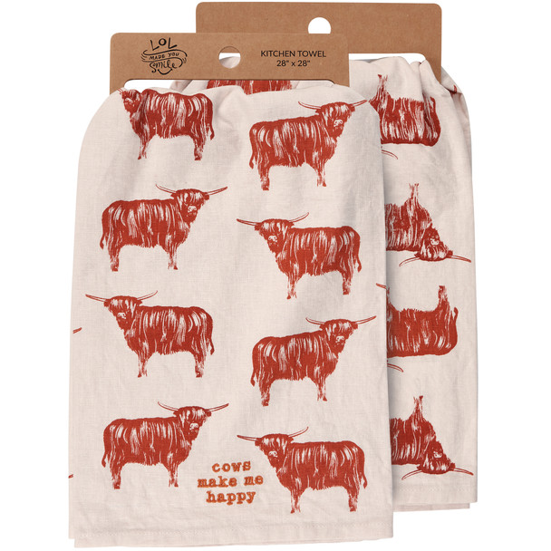 Cotton Linen Kitchen Dish Towel - Farmhouse Highland Cows - Cows Make Me Happy 28x28 from Primitives by Kathy
