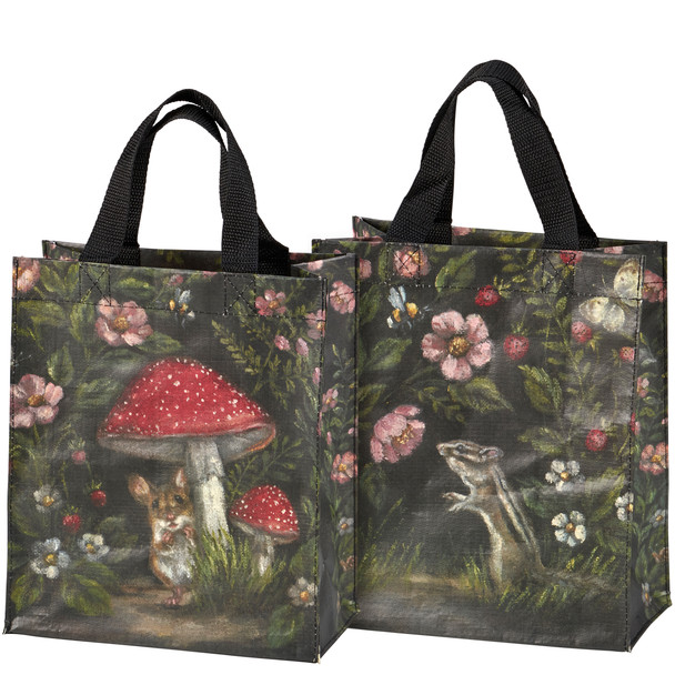Double Sided Daily Tote Bag - Mouse & Chipmunk Spring Flowers & Mushroom from Primitives by Kathy