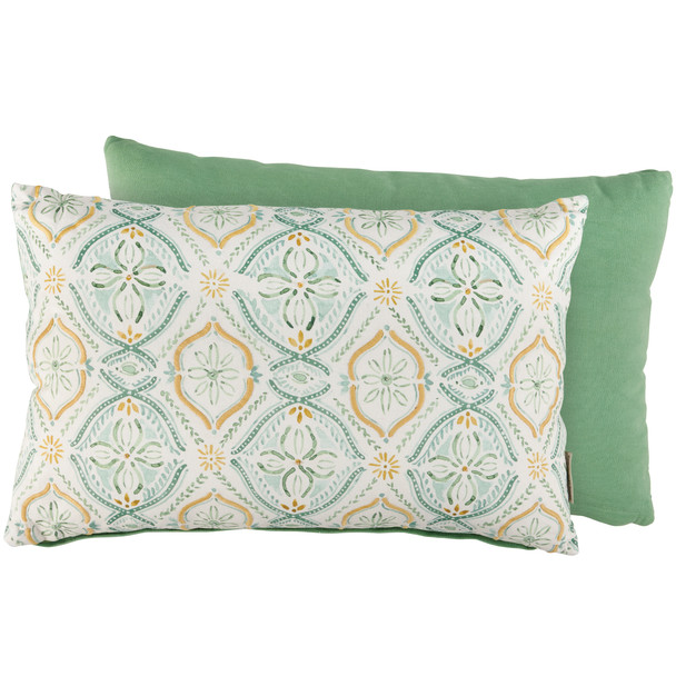 Decorative Cotton Throw Pillow - Geometric Floral Pattern - Beaded Green & White 22x14 from Primitives by Kathy