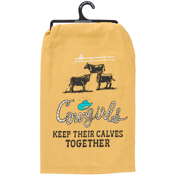 Yellow Cotton Kitchen Dish Towel - Cowgirls Keep Their Calves Together 28x28 - Western Collection from Primitives by Kathy