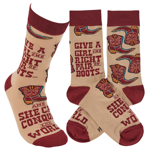 Colorfully Printed Cotton Novelty Socks - Give A Girl The Right Pair Of Boots - Conquer - Western Collection from Primitives by Kathy