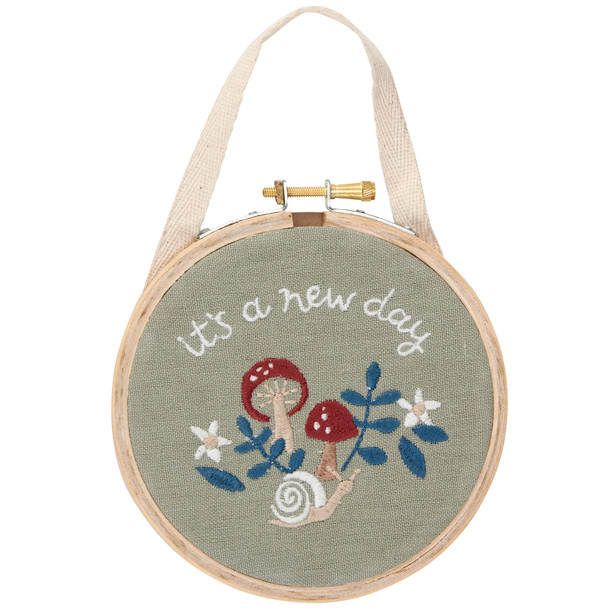 Decorative Round Embroidery Hoop Hanging Sign - It's A New Day - 5 In - Mushroom & Snail from Primitives by Kathy
