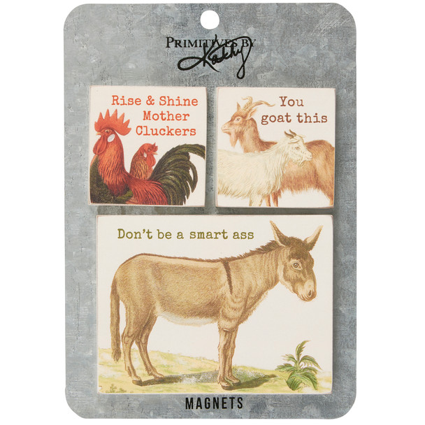 Set of 3 Decorative Wooden Refrigerator Magnets - Humorous Vintage Farm Animals Design from Primitives by Kathy