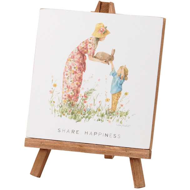 Decorative Wooden Easel Design Decor Sign - Share Happiness - Woman & Child With Bunny Rabbit & Spring Florals from Primitives by Kathy