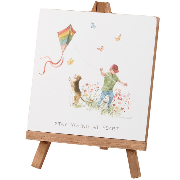 Decorative Wooden Easel Design Decor Sign - Stay Young At Heart - Dog Child Kite & Butterflies from Primitives by Kathy