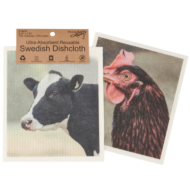 Set of 2 Swedish Dishcloths - Farmhouse Dairy Cow & Chicken - Homestead Collection from Primitives by Kathy