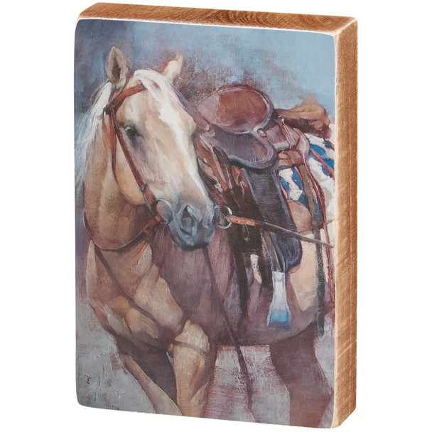 Horse Lover Decorative Wooden Block Sign Decor - Palomino Horse & Saddle 4x6 - Western Collection from Primitives by Kathy