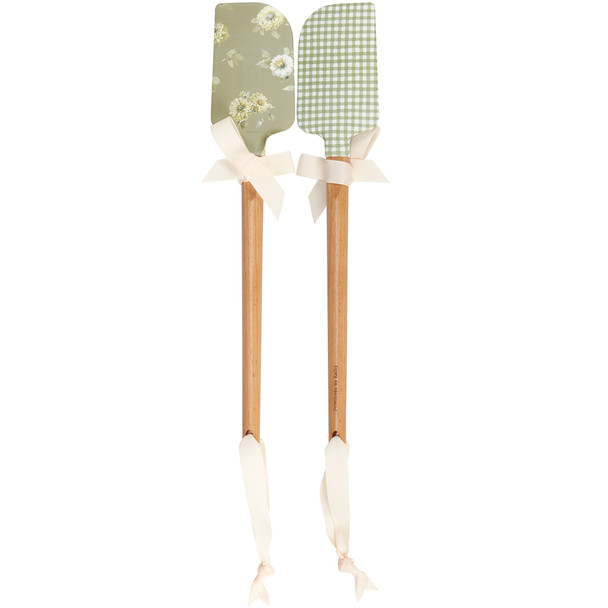 Double Sided Silicone Spatula - Green Floral & Gingham Print Design 13 Inch from Primitives by Kathy