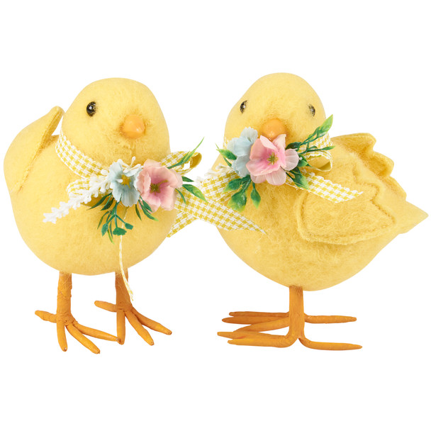 Set of 2 Felt Floral Yellow Chick Figurines - Plaid Ribbons & Spring Florals from Primitives by Kathy