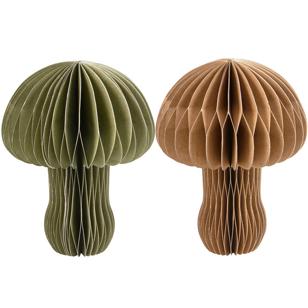 Set of 2 Decorative Paper Honeycomb Mushroom Figurines - Brown & Green 4.75 Inch from Primitives by Kathy