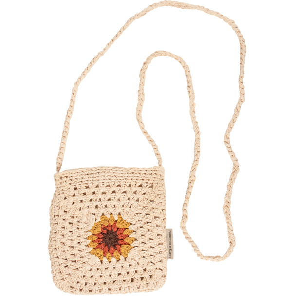 Cotton Crossbody Tote Bag - Crochet Sunflower Design 8x8 - Cottage Collection from Primitives by Kathy