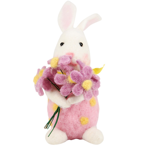 Felt Bunny Holding Flower Bouquet Figurine - 6 Inch - Easter & Spring Collection from Primitives by Kathy