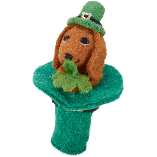 Dog Lover Felt Puppy Wearing Leprechaun Hat Sitting In Hat Figurine 4.75 Inch from Primitives by Kathy