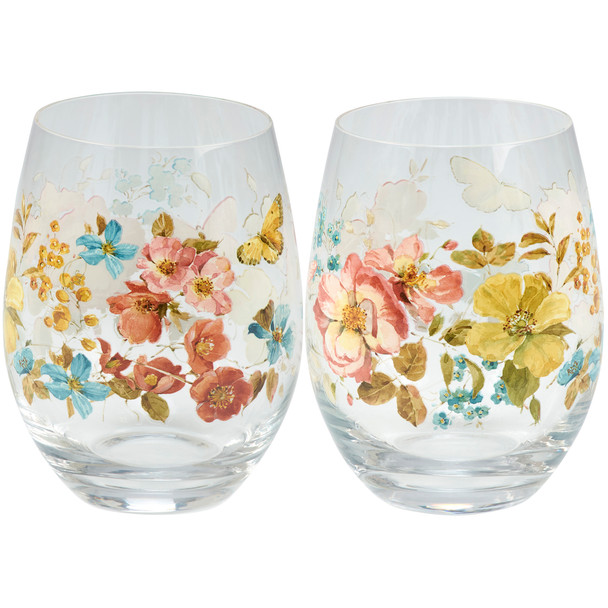 Stemless Wine Glass - Wrap Around Floral Design 15 Oz from Primitives by Kathy
