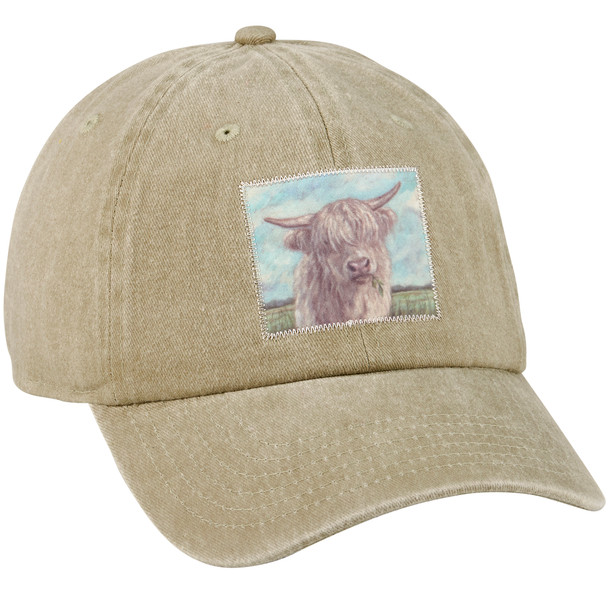 Stonewashed Adjustable Tan Baseball Cap - White Highland Cow - Farmhouse Collection from Primitives by Kathy