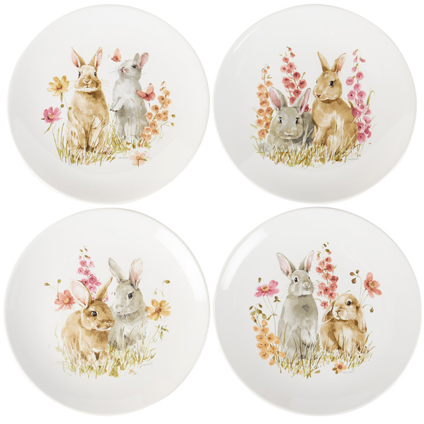 Set of 4 Stoneware Plates - Spring Flowers & Bunnies - 8 Inch Diameter from Primitives by Kathy