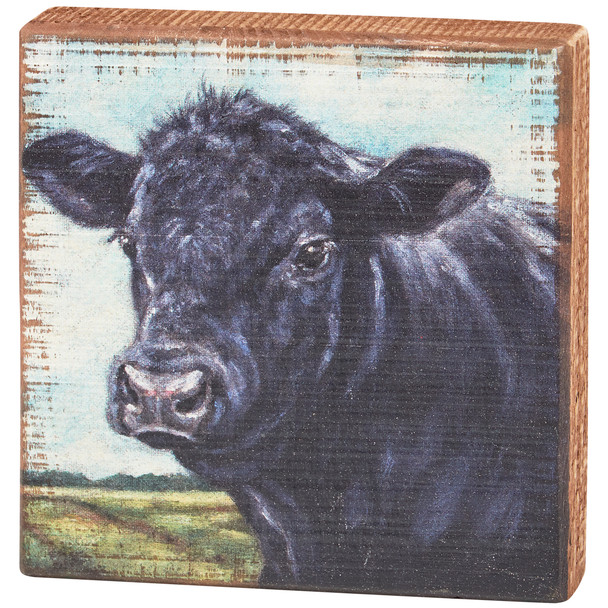 Decorative Wooden Block Sign Decor - Angus Cow In Field 6x6 - Farmhouse Collection from Primitives by Kathy