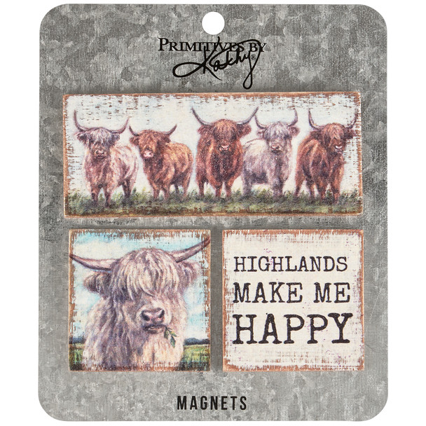 Set of 3 Wooden Refrigerator Magnets - Farmhouse Highland Cows Themed from Primitives by Kathy