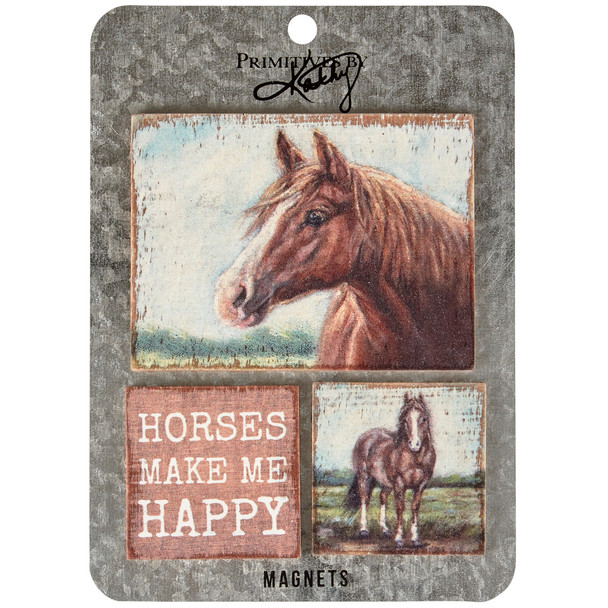 Set of 3 Wooden Refrigerator Magnets - Horses Make Me Happy - Farmhouse Collection from Primitives by Kathy