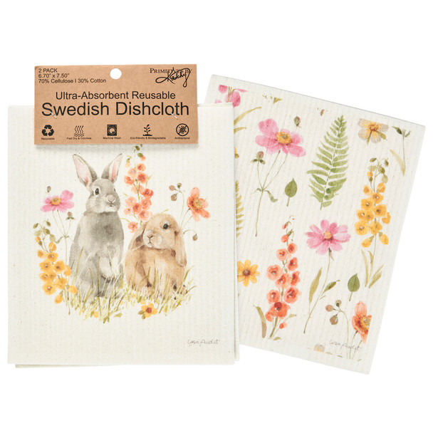 Set of 2 Eco Friendly Swedish Dishcloths - Spring Flowers & Bunny Rabbits 6.75 In x 7.5 In from Primitives by Kathy