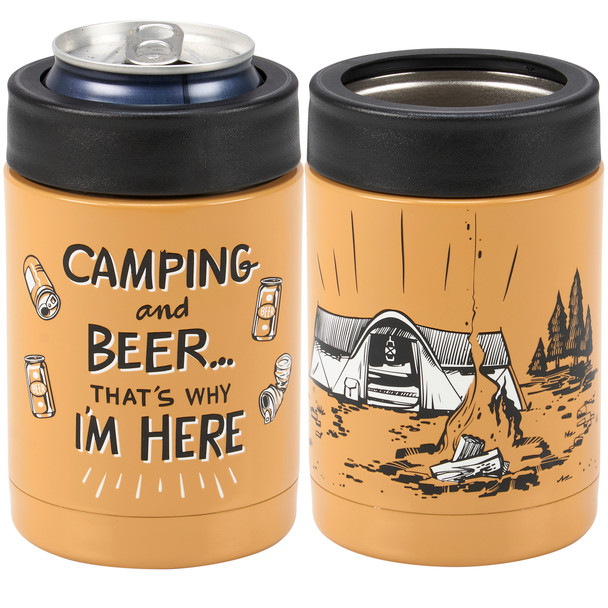 Stainless Steel Can Cooler - Camping And Beer That's Why I'm Here 12 Oz from Primitives by Kathy