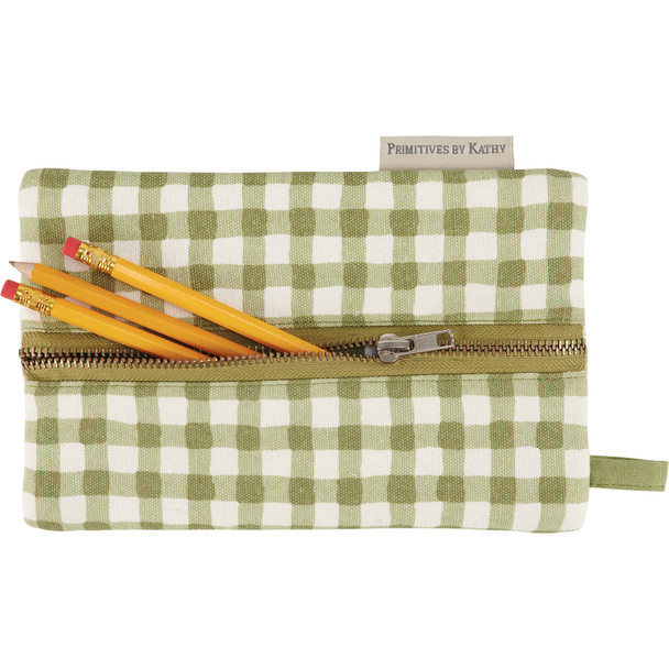 Cotton Pencil Pouch or Handbag - Green & White Gingham Pattern 5x8 from Primitives by Kathy