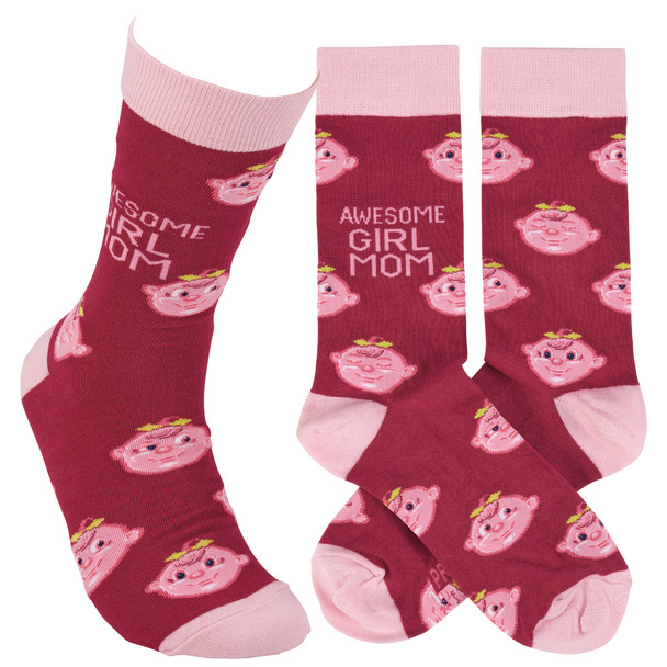 Colorfully Printed Cotton Novelty Socks - Awesome Girl Mom - Pink from Primitives by Kathy