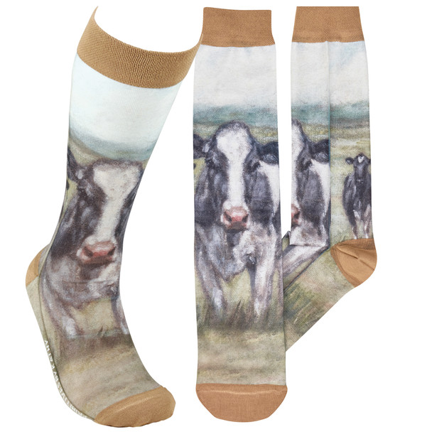 Colorfully Printed Cotton Novelty Socks - Farmhouse Dairy Cows Socks from Primitives by Kathy