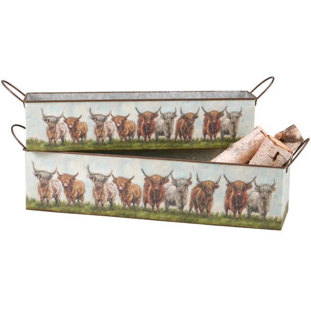 Set of 2 Galvanized Metal Bins - Farmhouse Highland Cows Design from Primitives by Kathy