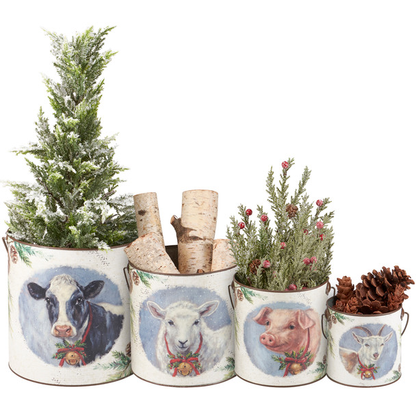Set of 4 Galvanized Metal Buckets With Handles - Festive Farm Animal Theme from Primitives by Kathy