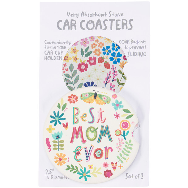 Set of 2 Car Drinke Coasters - Best Mom Ever 2.5 Inch Diameter from Primitives by Kathy