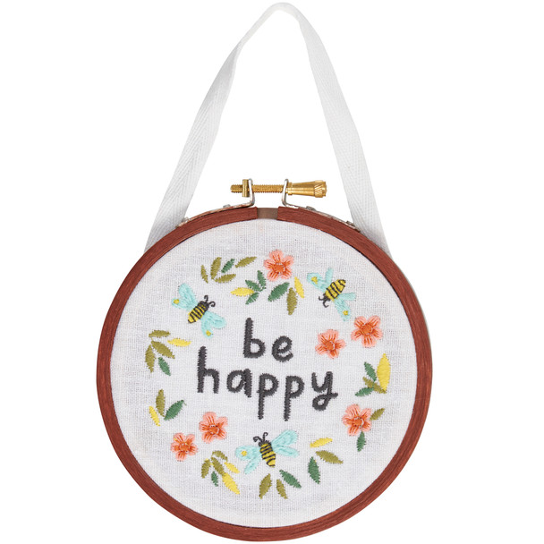 Decorative Round Hoop Wall Decor Sign - Be Happy - Colorful Floral & Bumblebee Design 5 In Diameter from Primitives by Kathy