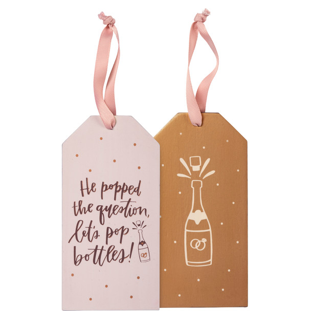 Set of 6 Engagement Themed Popped The Question Let's Pop Bottles Wooden Wine Bottle Tags from Primitives by Kathy