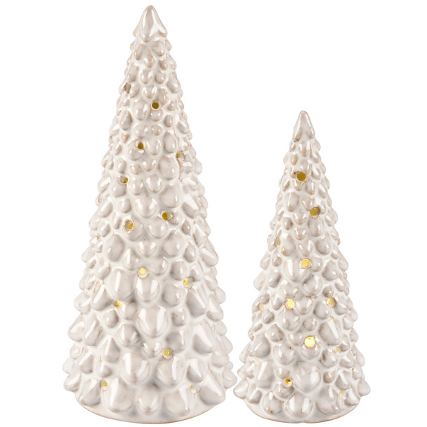 Set of 2 Snowy Cream Glaze Lighted Christmas Tree Figurines from Primitives by Kathy