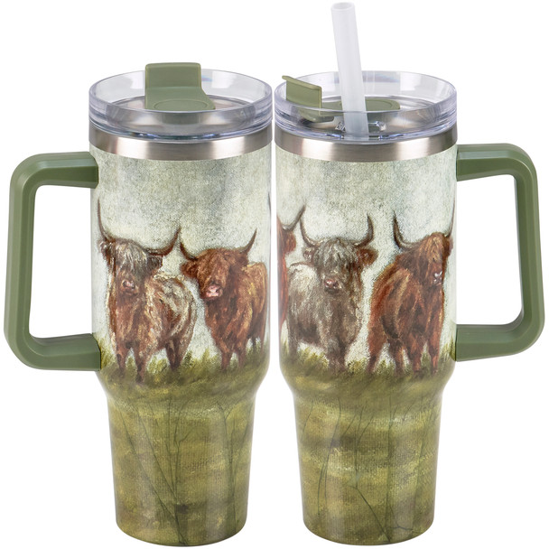 Stainless Steel Insulated Travel Mug Thermos - Highland Cows 40 Oz - Farmhouse Collection from Primitives by Kathy