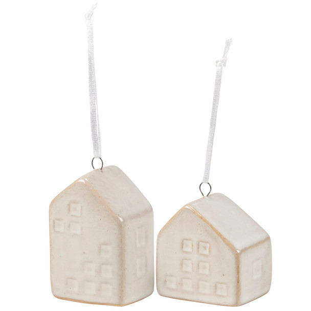 Set of 2 Decorative Stoneware Hanging Ornaments - Winter Houses from Primitives by Kathy
