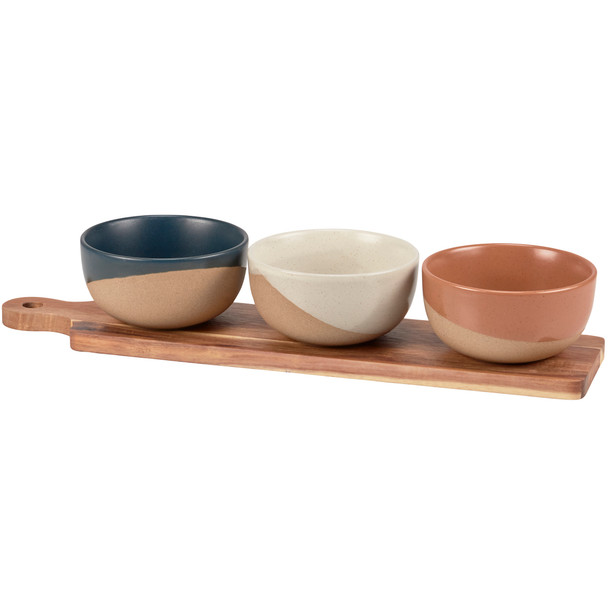 Set of 3 Terracotta Snack Serving Bowls With Wooden Serving Board from Primitives by Kathy