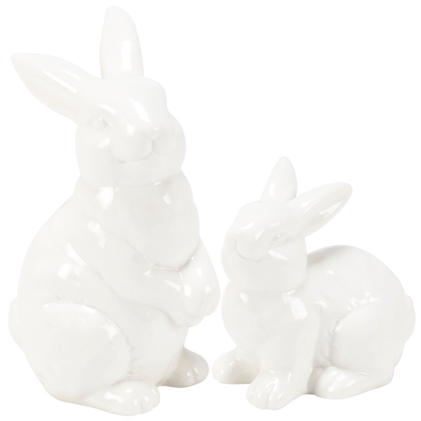 Set of 2 Decorative White Stoneware Bunny Rabbit Figurines - Easter & Spring Collection from Primitives by Kathy